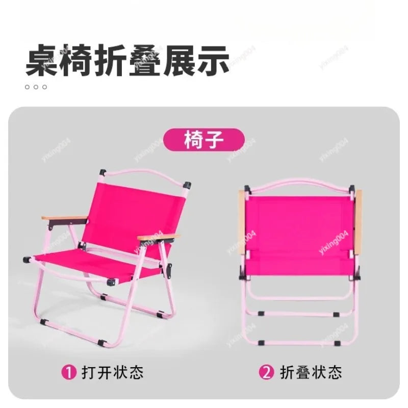 Pink Folding Camping Table Chair Set Portable Egg‑Roll Table Picnic Chair Kit for Outdoor Activity