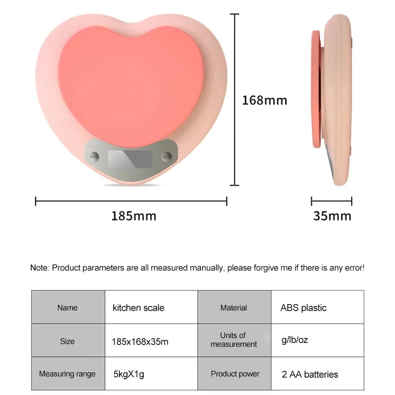 Digital Kitchen Scale Pink Heart-shaped Portable High-Precision Scale 5kg/1g 3kg/0.1g LCD Display Electronic Scale Battery Power