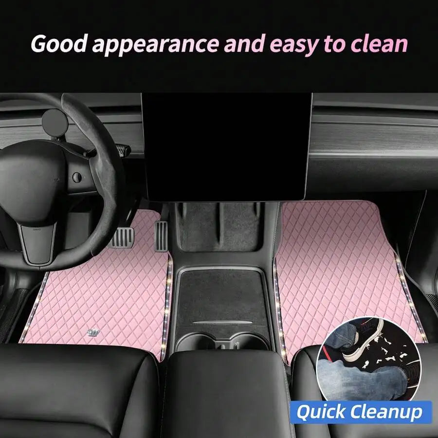 Bling Car Floor Mats, PVC Leather Anti-Slip Automative Floor Mats With Shining Diamond Rhinestone Crown, Sparkly Glitter Crystal Carpet, Universal Fit Automotive SUV, Sedan, Van, 4pcs For Woman, Car Stuff For Woman, Pink Car Stuff