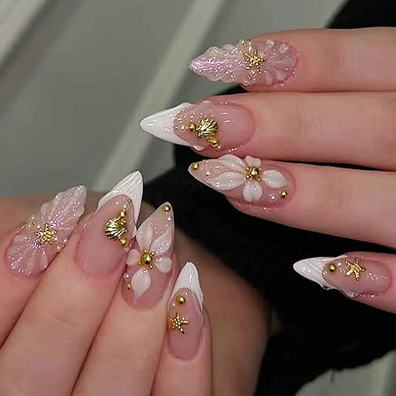 24pcs Long Almond Sweet Flower Pink with Shell Pearl Design Acrylic Nails