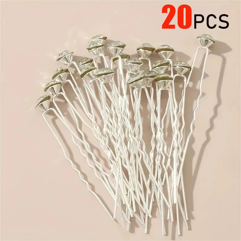 20Pcs Sparkling Crystal Hair Pins Silver Rhinestone U-Shaped Perfect Securing Adding Bridal Prom Party Daily Elegant Hairstyles