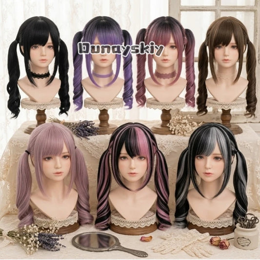 Cosplay Jirai Kei Pink To Black Gradient Synthetic Wig Double Ponytail