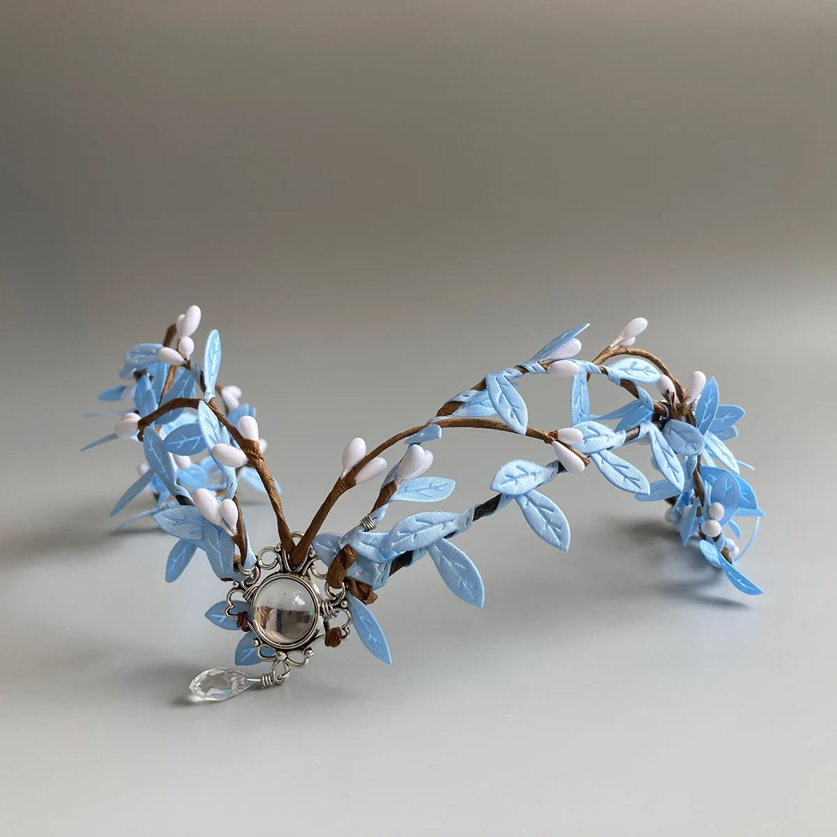 White Gem Woodland Fairy Crown ELF Tiara Boho Bridal Headband Blue Leaves Elven Headpiece Fairy Costume Circlet Renaissance