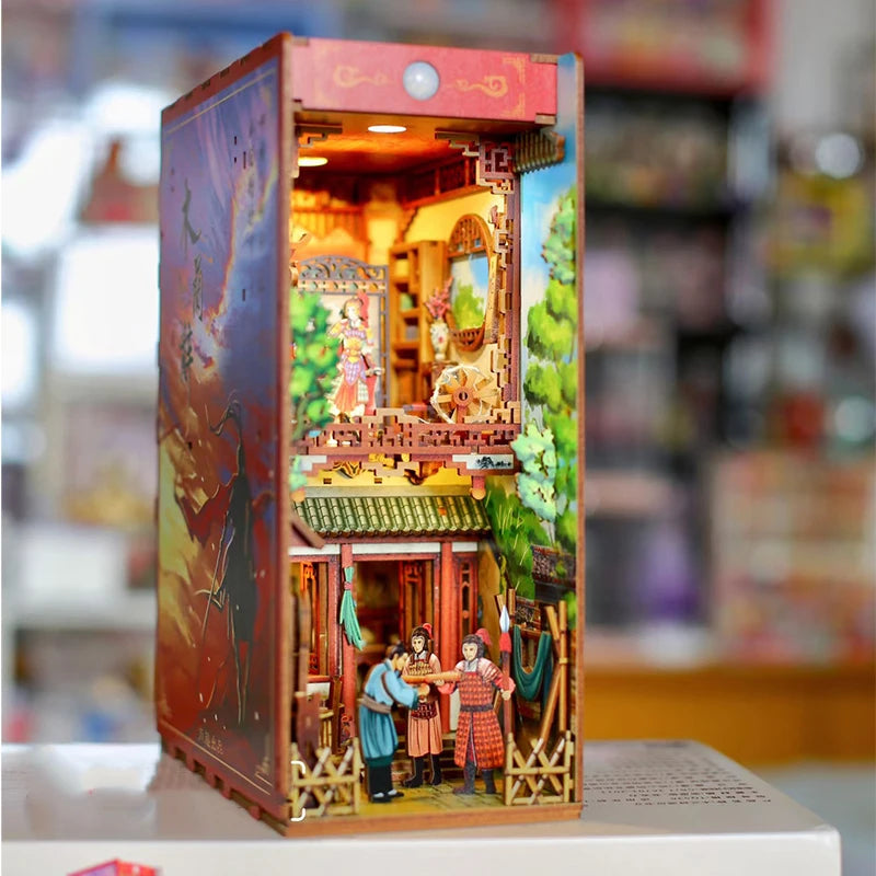DIY Wooden Book Nook Shelf Insert Kits Miniature Cherry Blossom Bookends Japanese Doll Houses Toys Bookshelf Gifts Home Decor