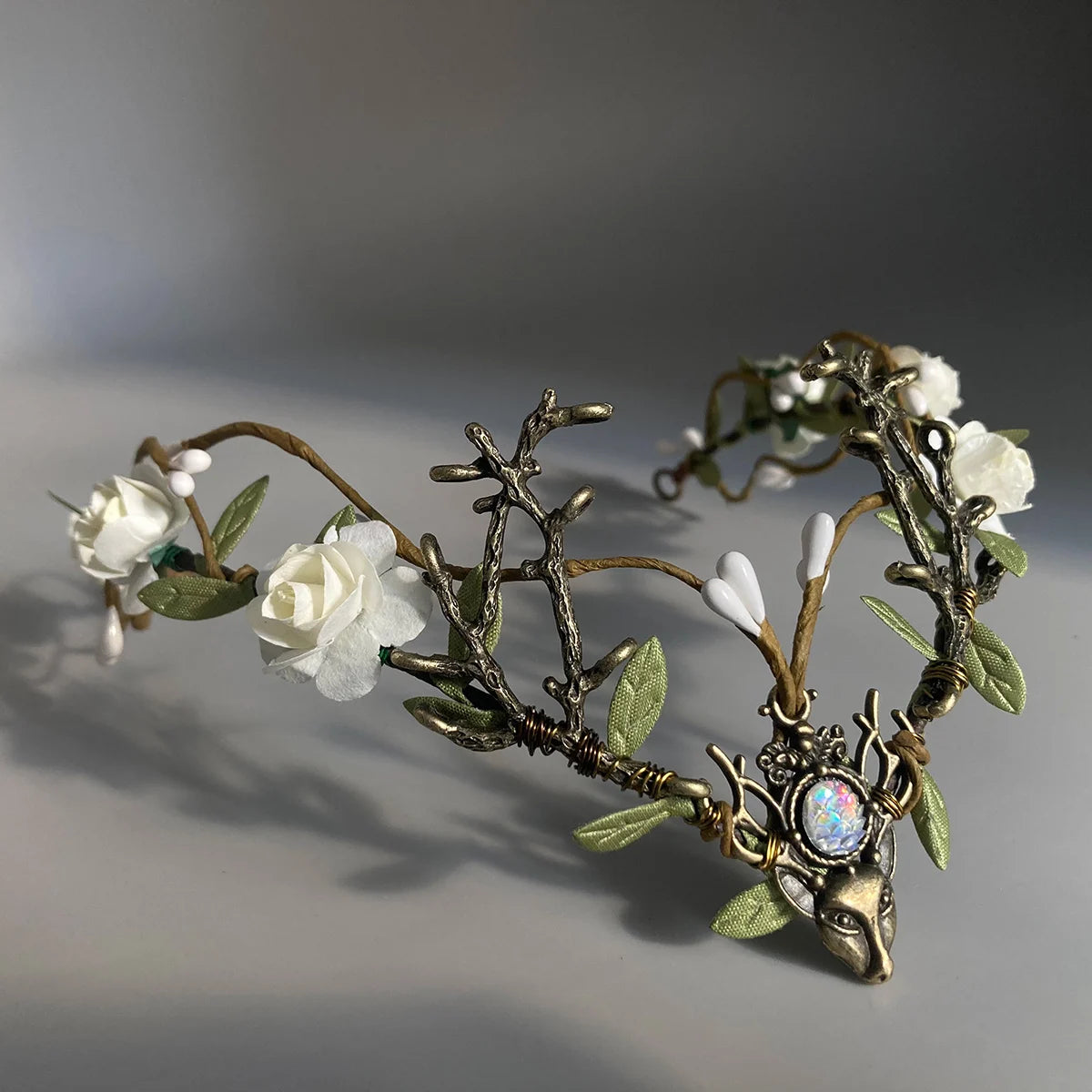 White Flower Fairy Crown - Handmade Rose Woodland Headpiece Forest Elf Crown Elven Floral Circlet for Women Renaissance cosplay