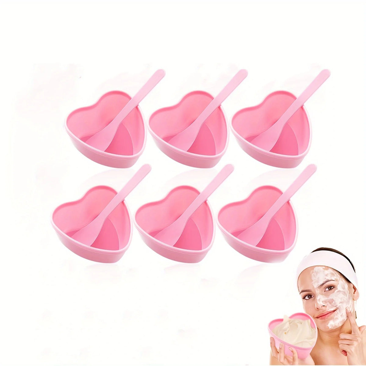 6-piece Pink Heart Shaped Facial Mask Mixing Bowl with Scraper Plastic DIY Skin Care Tool, Suitable for Family and Salon
