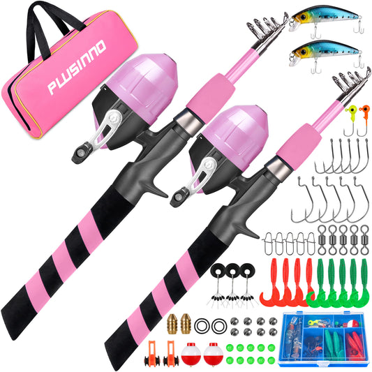 Kids Portable Telescopic Fishing Rod and Reel Combo Kit - with Spincast Fishing Reel Tackle Box (2pack Pink 1.8M 5.91FT)