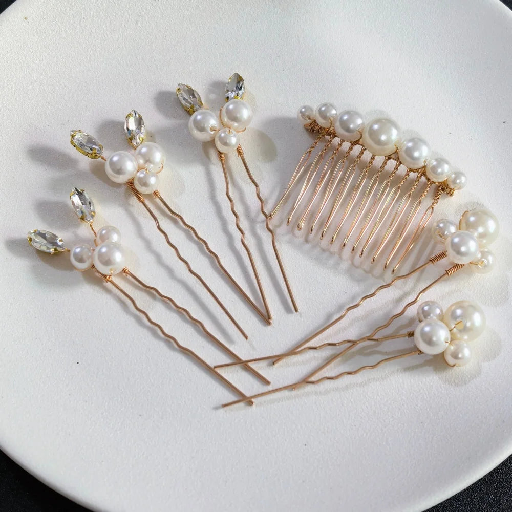 Pearl Crystal Hair Pins Comb Set Bridal Wedding Hair Accessories Handmade U-shaped Hairpins air Comb for Bridesmaids,Prom