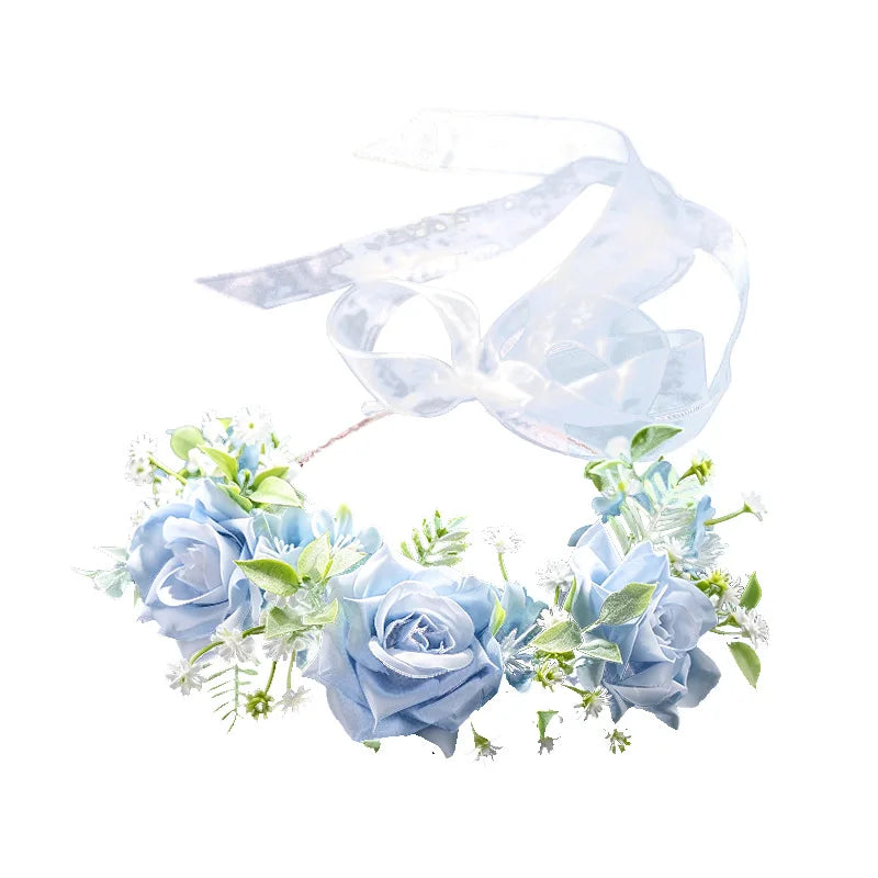 Haze Blue Flower Hair Hoop with Long Tulle Ribbon for Outdoor Wedding Engagement Women Girls Headwear