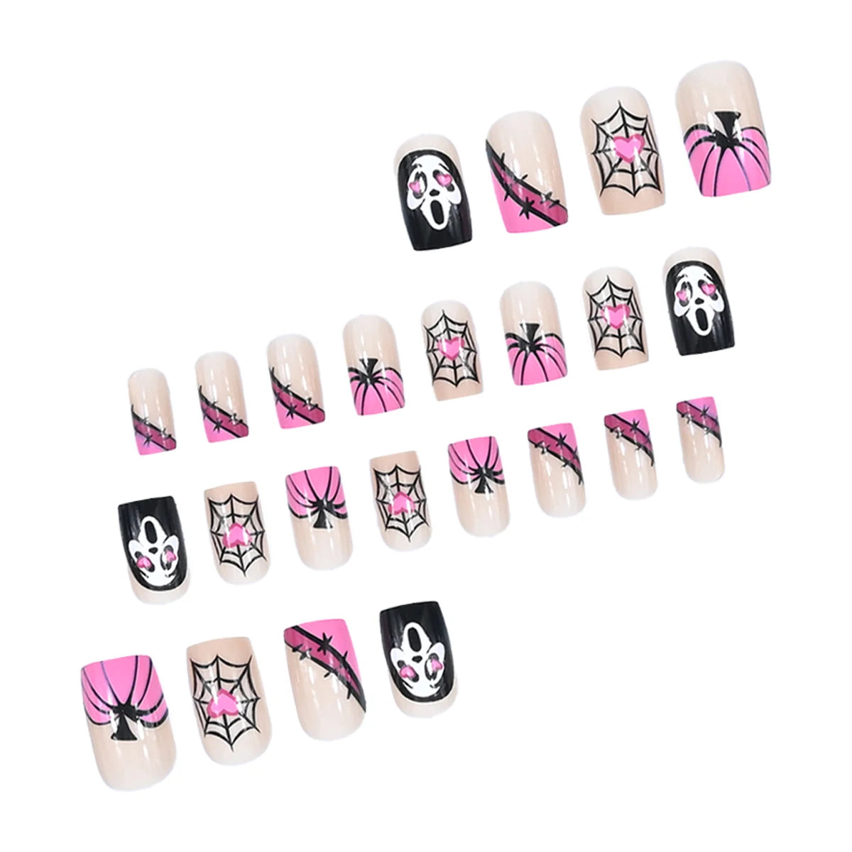 24pcs Long Square Press On Nails, Nude Black Pink French Tips with Ghost Bat Spider Web Blood Drip Print, Sweet Gothic Halloween