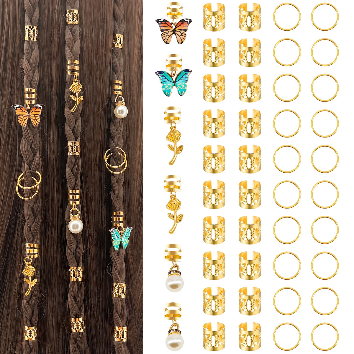 46Pcs Rose Butterfly Braid Clips Crystal Dreadlock Hair Accessories Colorful Butterflies Pendant Charms Pearl Hair Jewelry Gifts