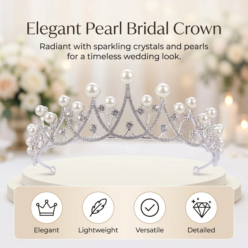 1pc Bridal Tiara Pearl Rhinestone Wedding Crown Elegant Korean Style Headpiece for Bride Party Ceremony Jewelry Gift