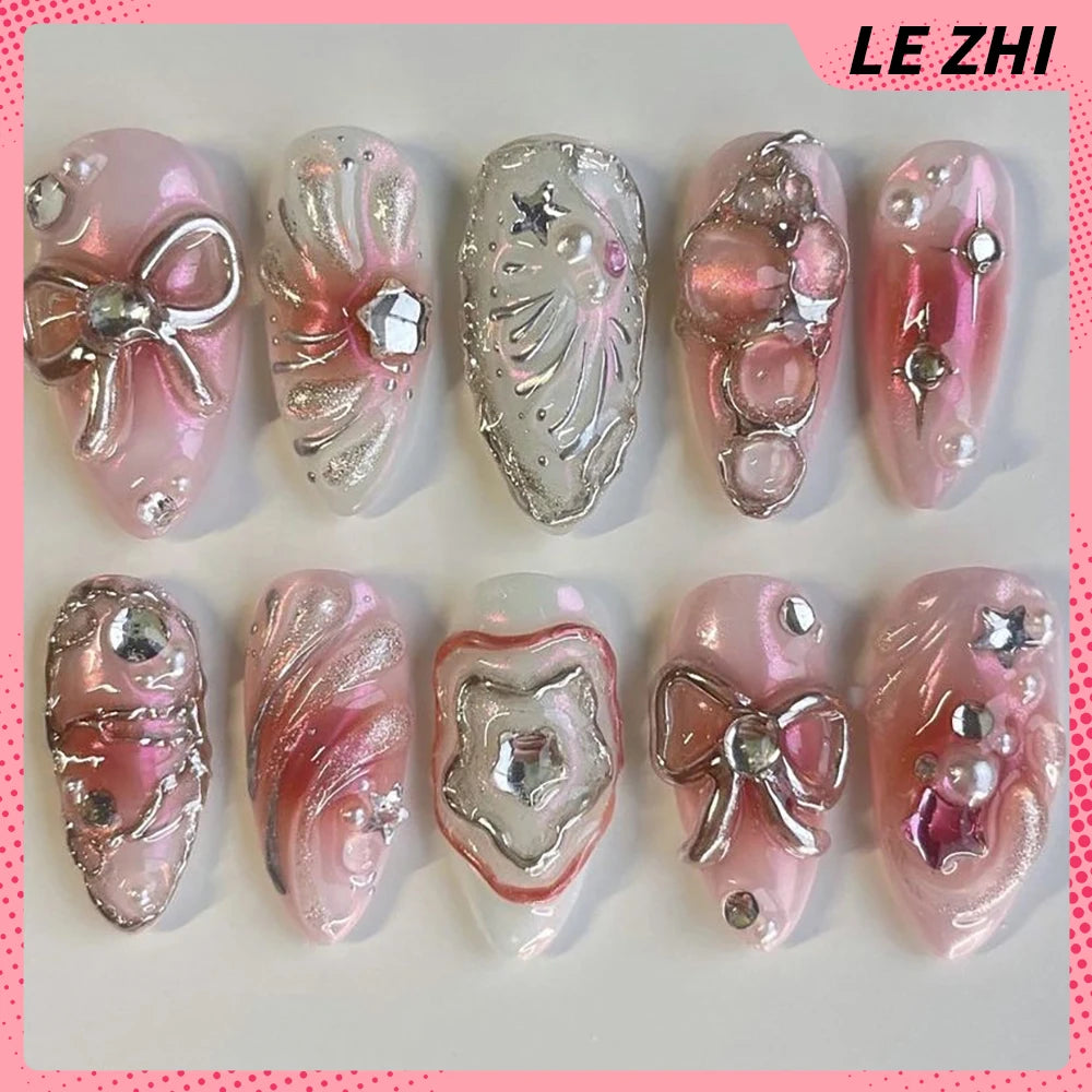 10Pcs 3D Flower Bow Gel Acrylic Nails Almond
