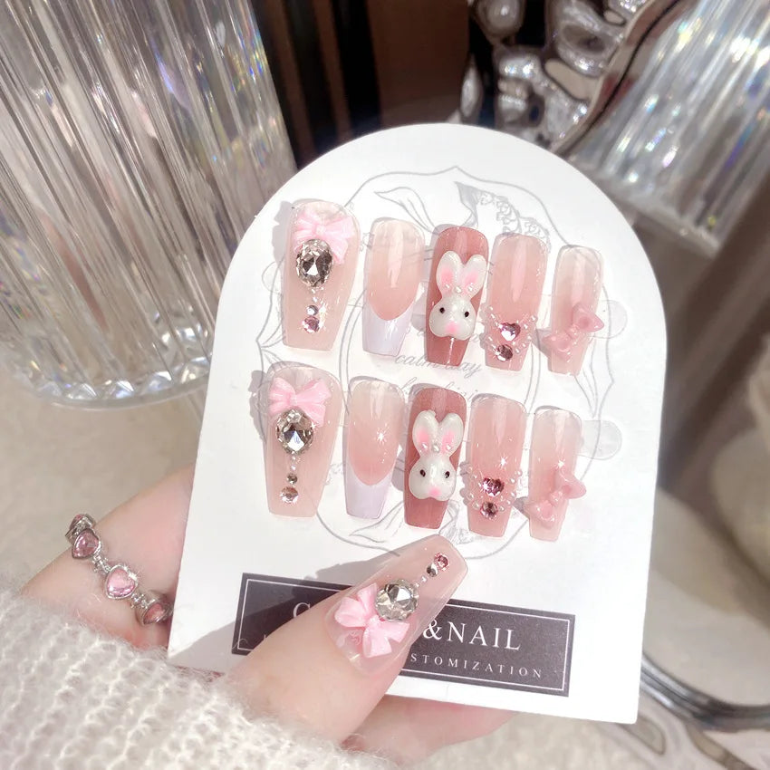 24pcs Kawaii Cartoon Rabbit Press On Nails Bowknots Diamond Decor Mid-length Coffin False Nail White French Blush Pink Fake Nail