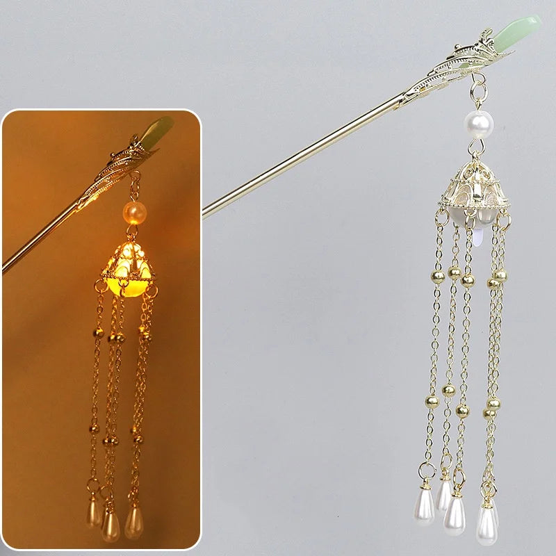 Luminous Flower Hairpin Lotus Light Lantern Tassel Hair Stick