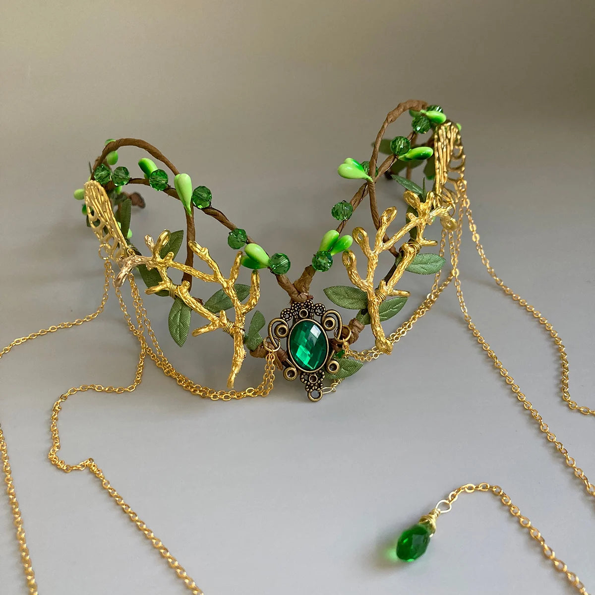 Elf ear cuffs Green Rattan Bridal Fairy Crown Woodland Wedding Tiara Elven Flower Circlet Fairy Diadem Flower Greenery  Headband