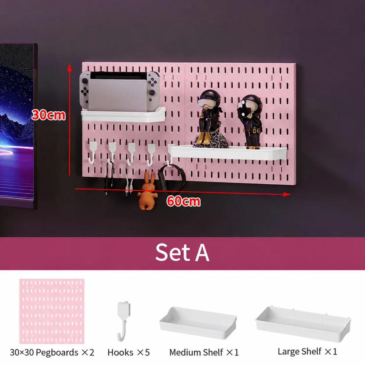 Pink No Drill Pegboard Storage Organizer Combinable Wall Mount Board for Gaming Desk Headset Game Controller Storage