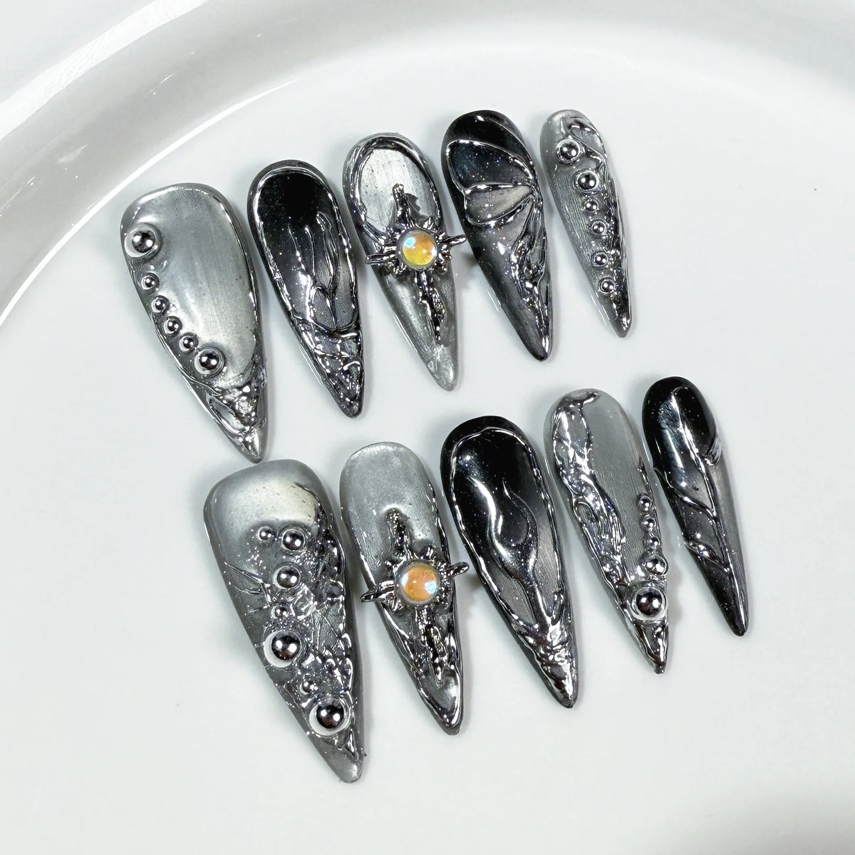 Halloween Long Coffin Gothic Metallic Acrylic Nails