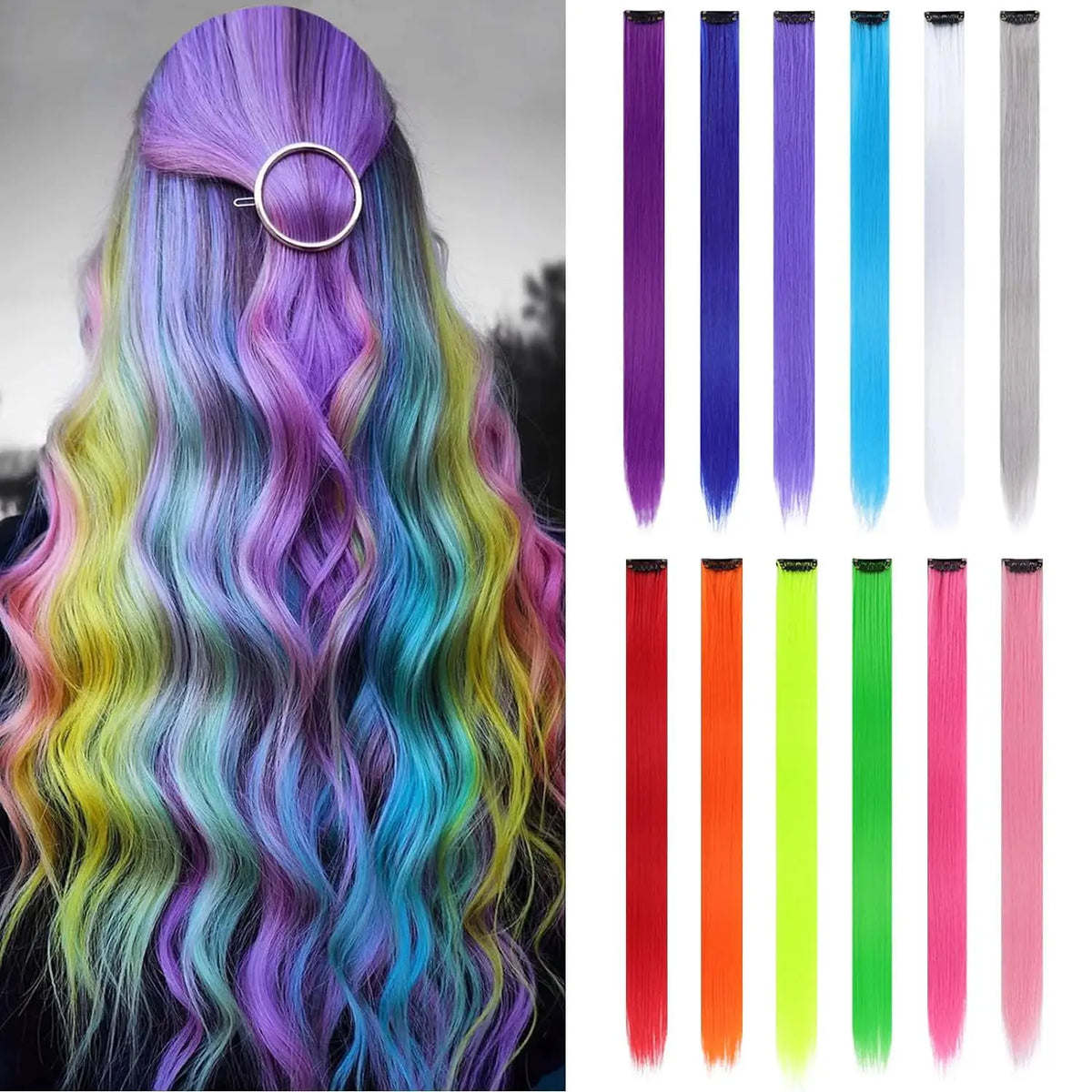 22 Inch Colored Highlight Synthetic Hair Extensions Rainbow Long Straight Hairpieces for Women Kids Girls Purple Pink Blue