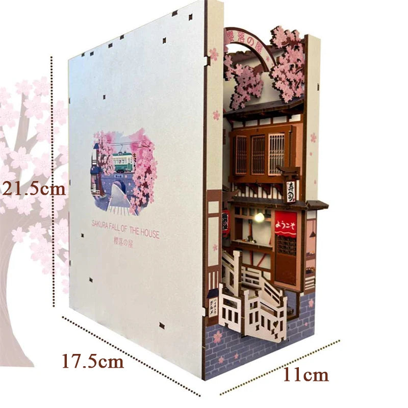 DIY Wooden Book Nook Shelf Insert Kits Miniature Cherry Blossom Bookends Japanese Doll Houses Toys Bookshelf Gifts Home Decor