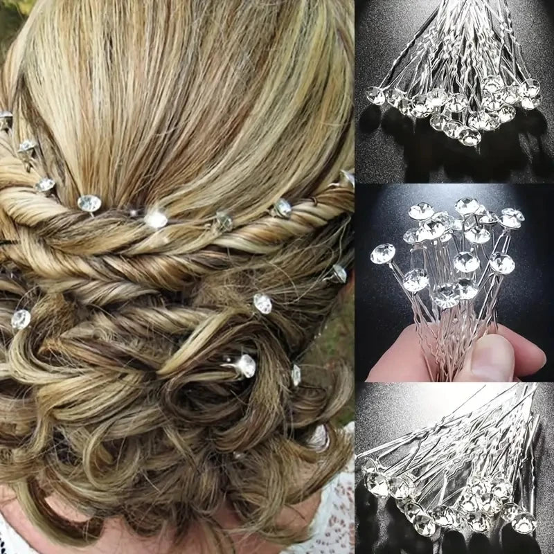 20Pcs Sparkling Crystal Hair Pins Silver Rhinestone U-Shaped Perfect Securing Adding Bridal Prom Party Daily Elegant Hairstyles