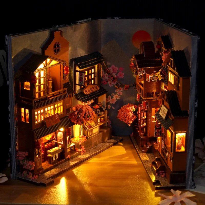 DIY Book Nook Shelf Insert Kits Miniature Dollhouse with Furniture Room Box Cherry Blossoms Bookends Japanese Store Toys Gifts