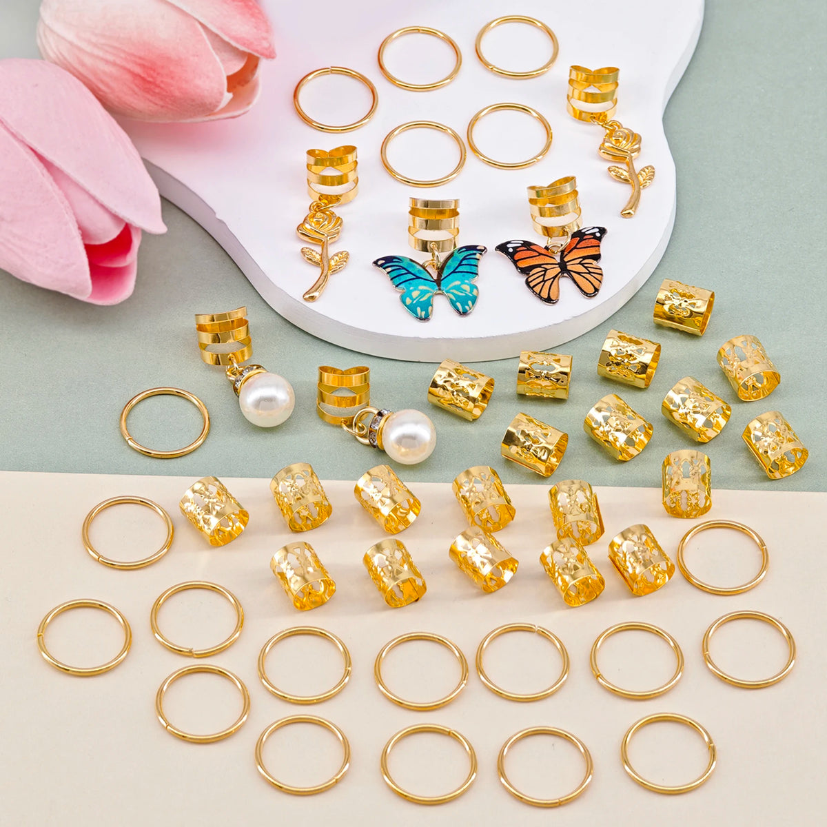 46Pcs Rose Butterfly Braid Clips Crystal Dreadlock Hair Accessories Colorful Butterflies Pendant Charms Pearl Hair Jewelry Gifts