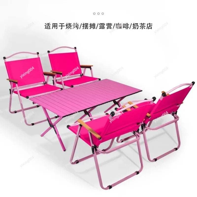 Pink Folding Camping Table Chair Set Portable Egg‑Roll Table Picnic Chair Kit for Outdoor Activity