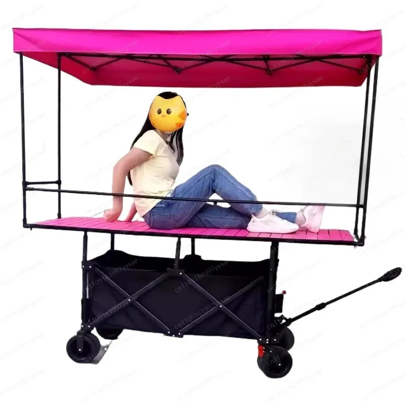 Large Foldable Stall Table Lift Trolley, Mobile Vendor Cart with Rainproof Sun Awning