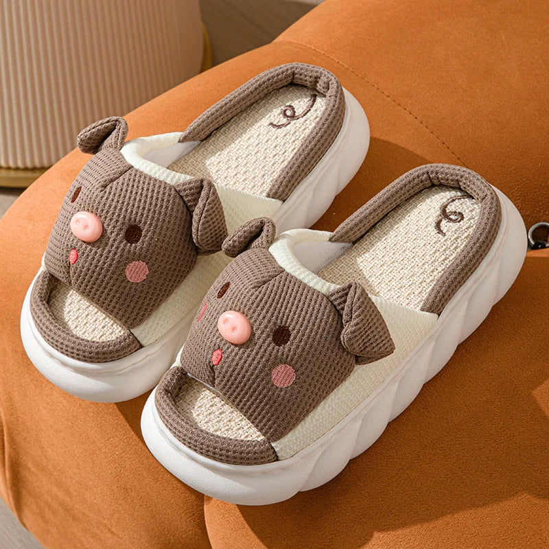 Home Linen Slipper for Women Cute Bunny Clouds Flip Flops Female Design Cozy Shoes Slides Four Season Platform Couples Sandals