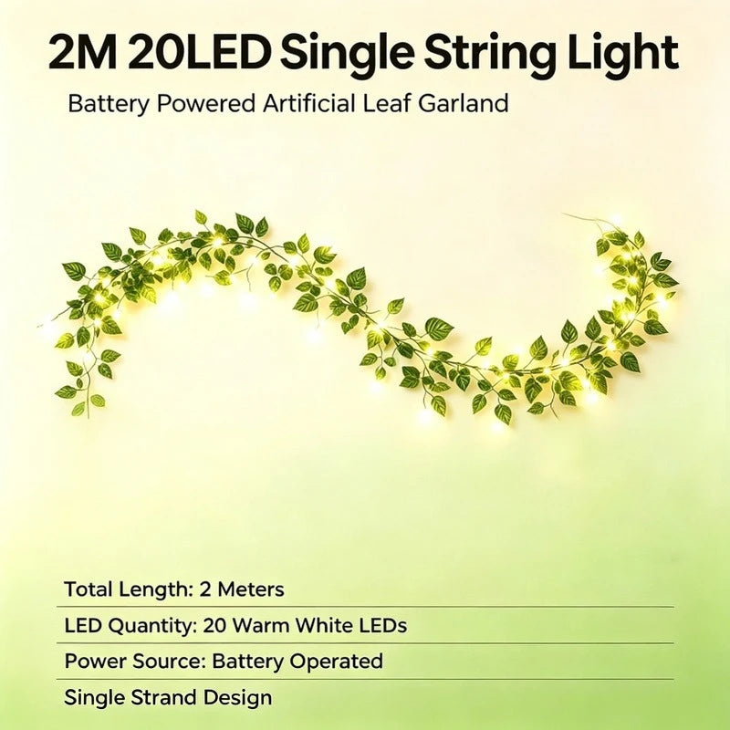 2M Artificial Leaf LED String Lights, 20 LED Battery Operated Flower Garland Fairy Lights for Party Garden Decor