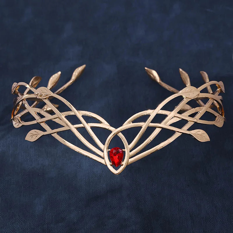 Luxury Tiaras Headbands for Women Leaf Crystal Crown Goddess Cosplay Forehead Round Elves Crowns Bridal Hair Accessories
