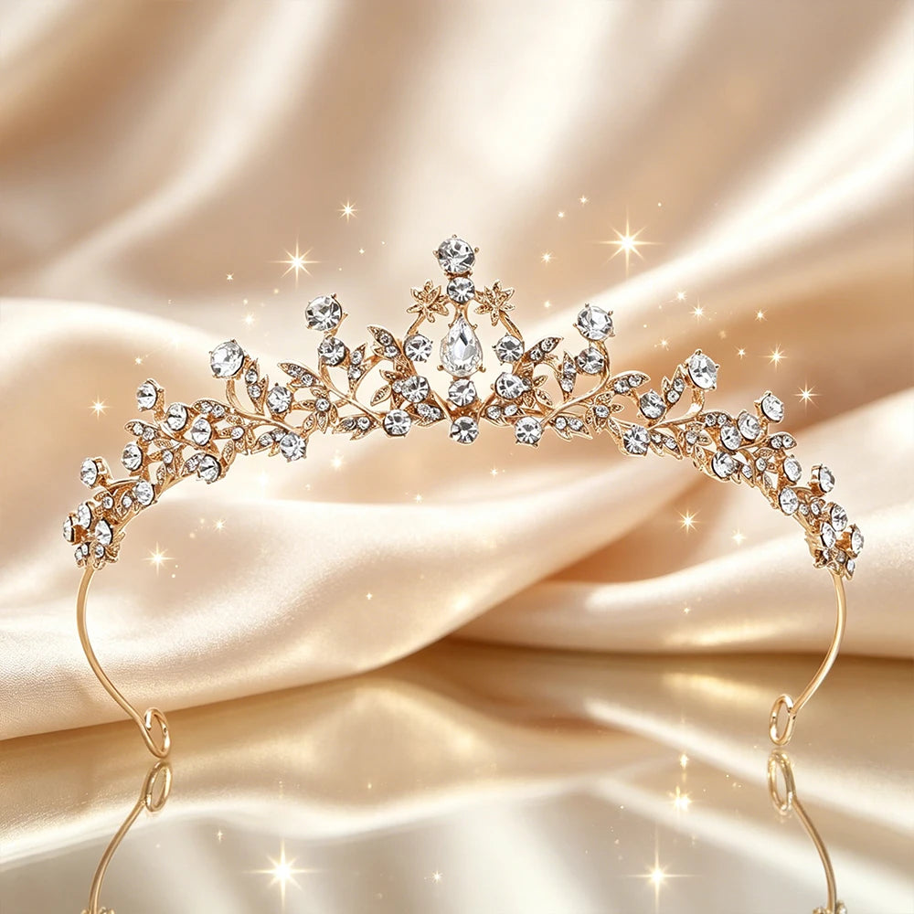 Plated Leaf Bridal Tiara Delicate Floral Vine Rhinestone Queen Crown Luxury Headpiece Wedding Bride Prom Formal Evening Banquet