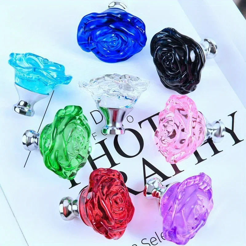 50mm Colorful Crystal Rose Glass Knob Single Hole Wardrobe Dresser Drawer Kitchen Wine Cabinet Pulls Furniture Accessories