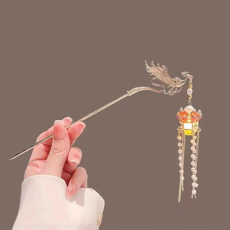Luminous Flower Hairpin Lotus Light Lantern Tassel Hair Stick