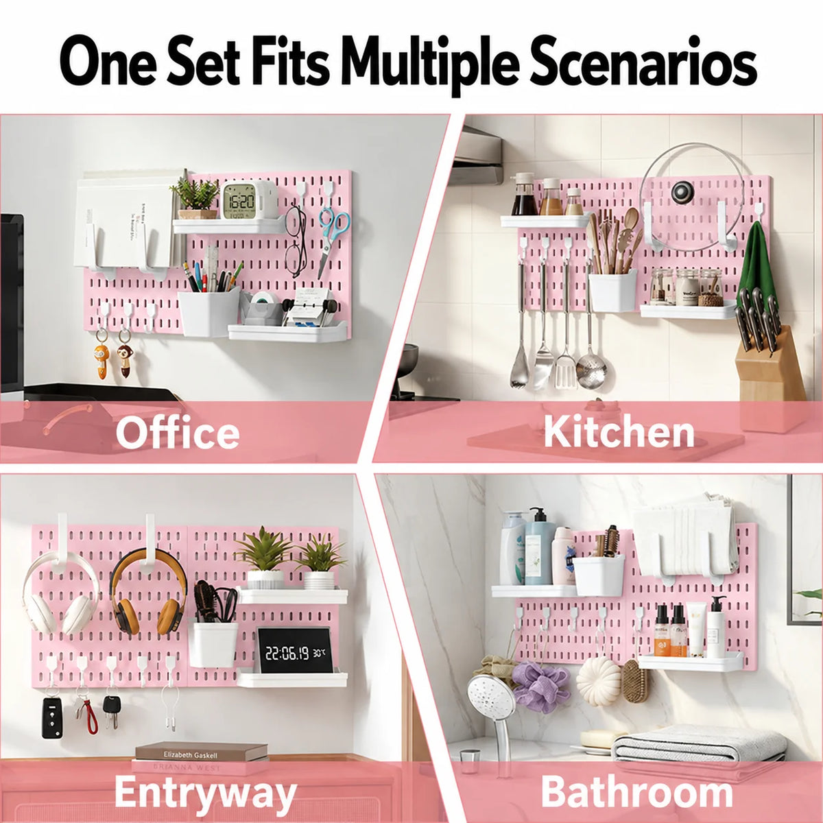 Pink No Drill Pegboard Storage Organizer Combinable Wall Mount Board for Gaming Desk Headset Game Controller Storage