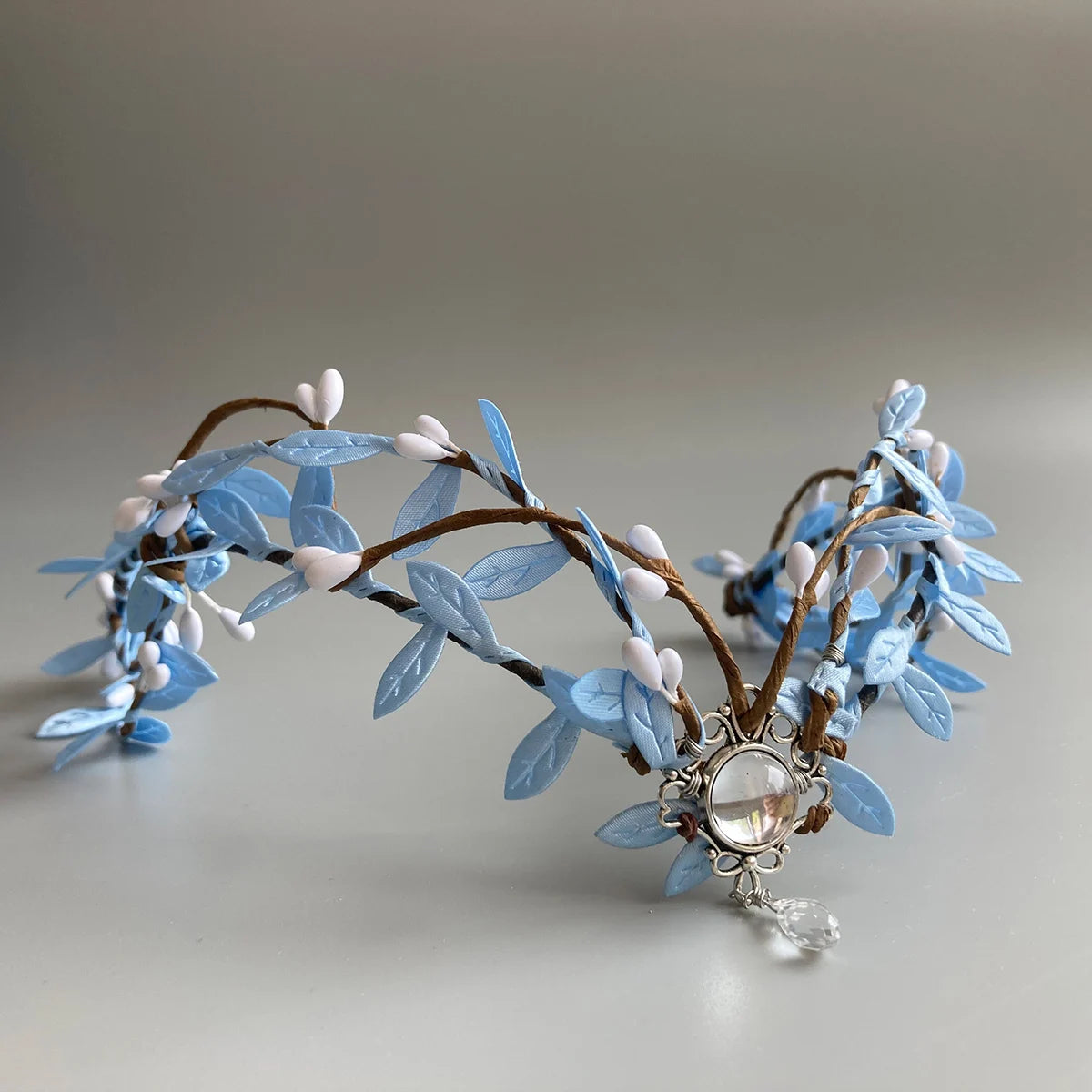 White Gem Woodland Fairy Crown ELF Tiara Boho Bridal Headband Blue Leaves Elven Headpiece Fairy Costume Circlet Renaissance