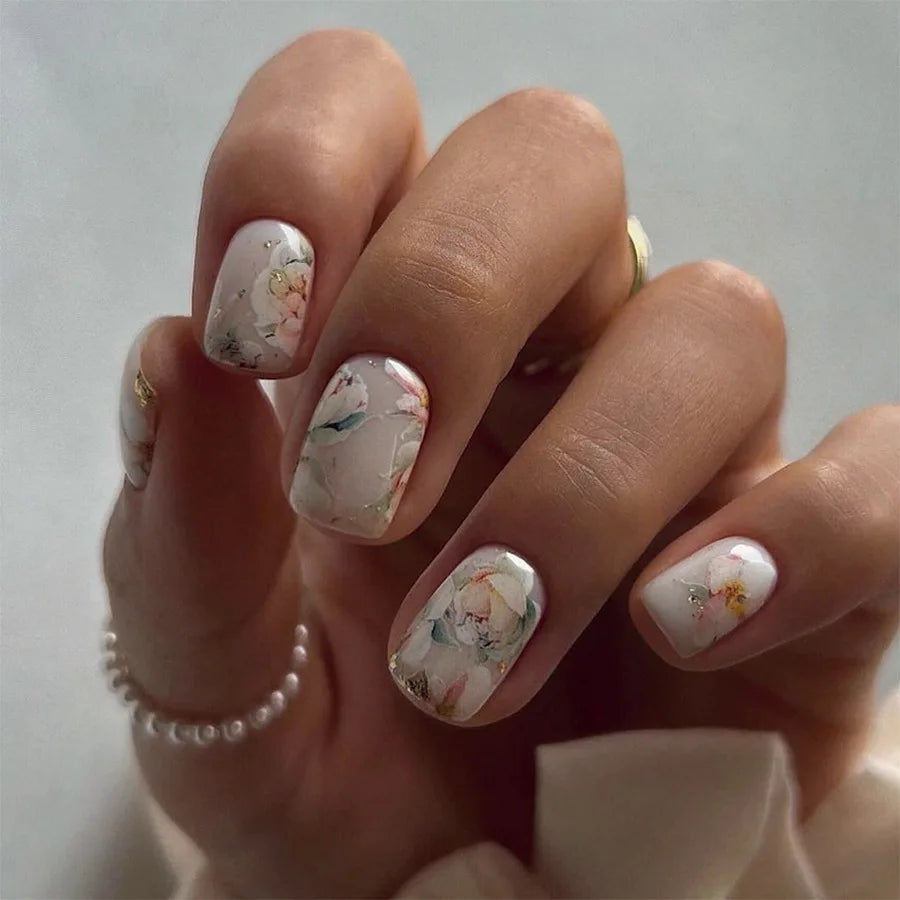 24pcs Mid-length Square Colorful Flower French Design Acrylic Nails