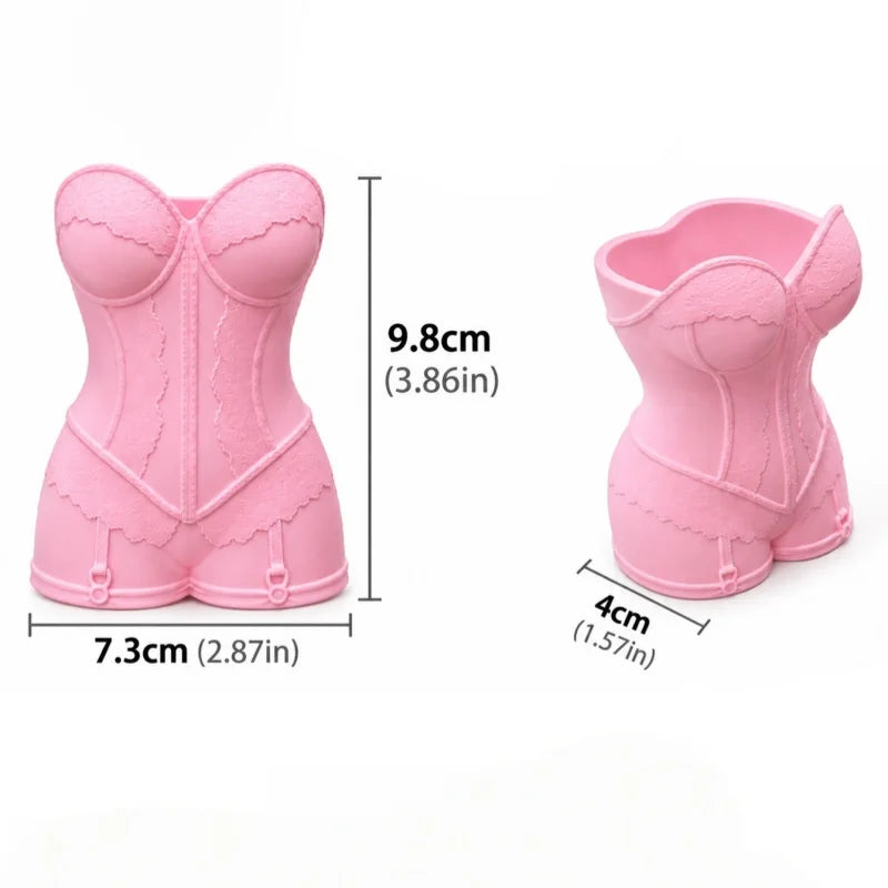 Pink Corset-Style Makeup Brush Holder with Waist-Cinching Design, Dressing Table Storage Rack, Three-Dimensional Lace Texture with Full Details and Soft Texture, Can Hold Various Makeup Brushes and Beauty Tools, Creates a Soft and Feminine Atmosphere, Des