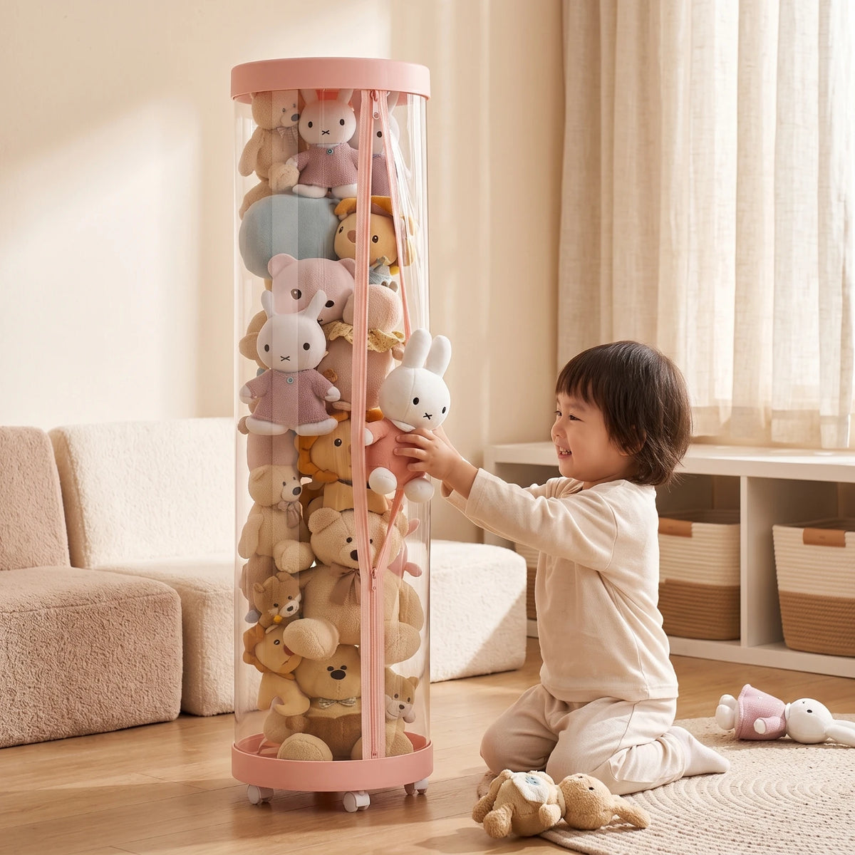 Stuffed Plushie Storage Barrel with Zipper Space