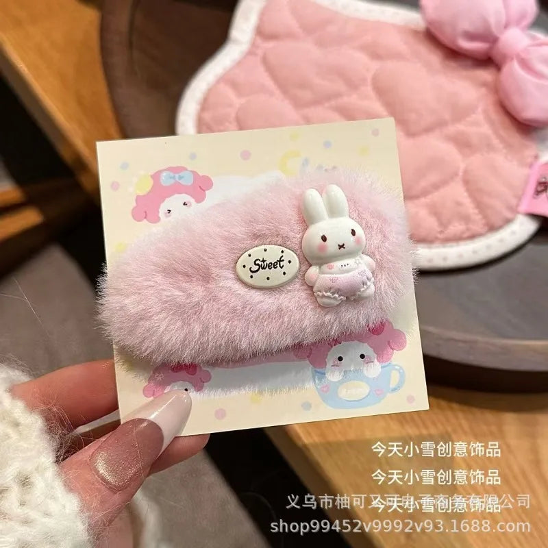Cute Pink Plush Miffy Hair Clip - Japanese Cartoon Hairpin for Girls, Autumn/Winter Bangs Accessory