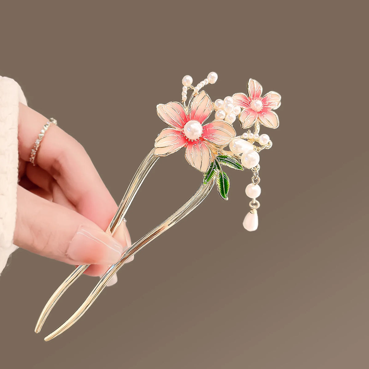 Elegant Pink Flower Hair Pin U Shaped Floral Hair Sticks Forks Pearls Chain Tassel Hairclips Woman Girls Step Shake Hair Jewelry