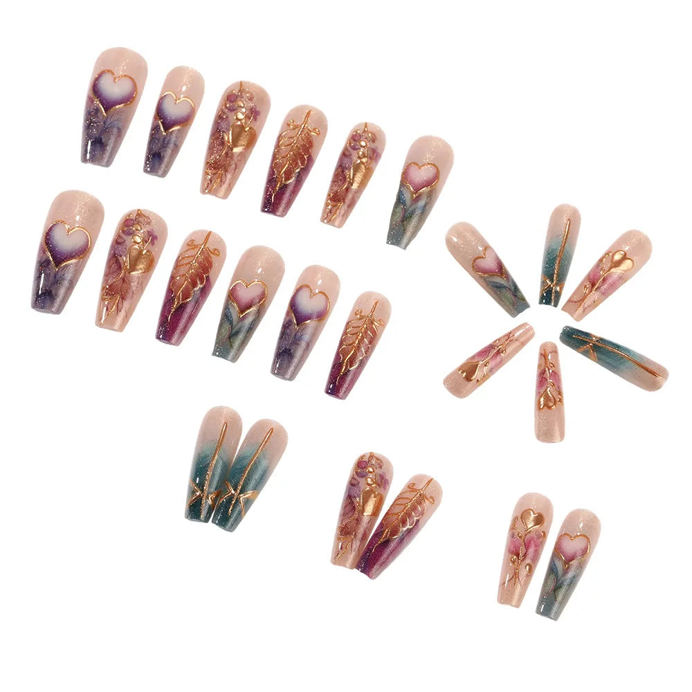 24pcs/set 3D fake nails for women girls flowers heart gradient green orange purple Pink french ballet tips press on false nails