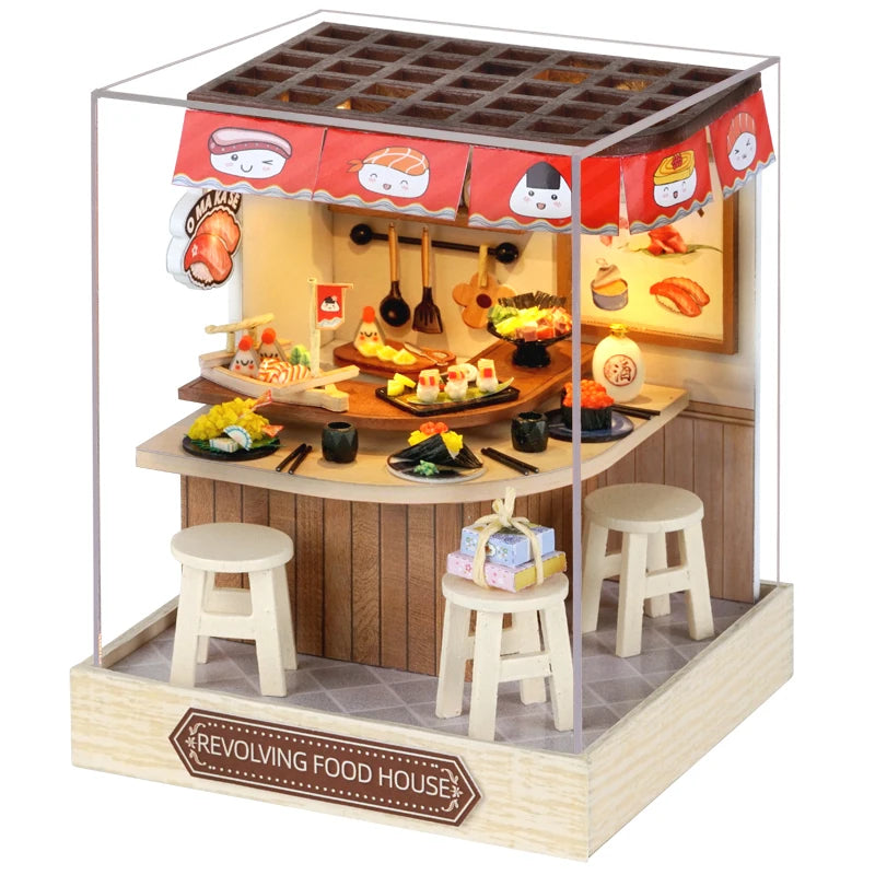 DIY Wooden Miniature Model Kit Japanese Cherry Blossoms Noodles Shop Casa 3D Puzzle Villa Dollhouse With Furniture Friends Gifts