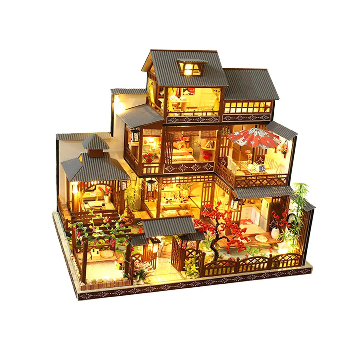 Japanese Courtyard Miniature Dollhouse Kit 1 24 Scale Wooden Model with LED Lights and Furniture for Creative Adults Home Gift