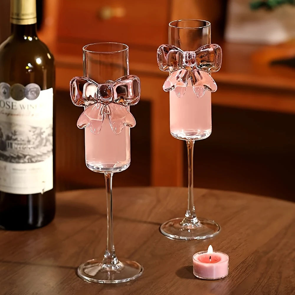 1-pack creative pink bow champagne tall wine glass sparkling wine glass suitable for family dining table outdoor party festival