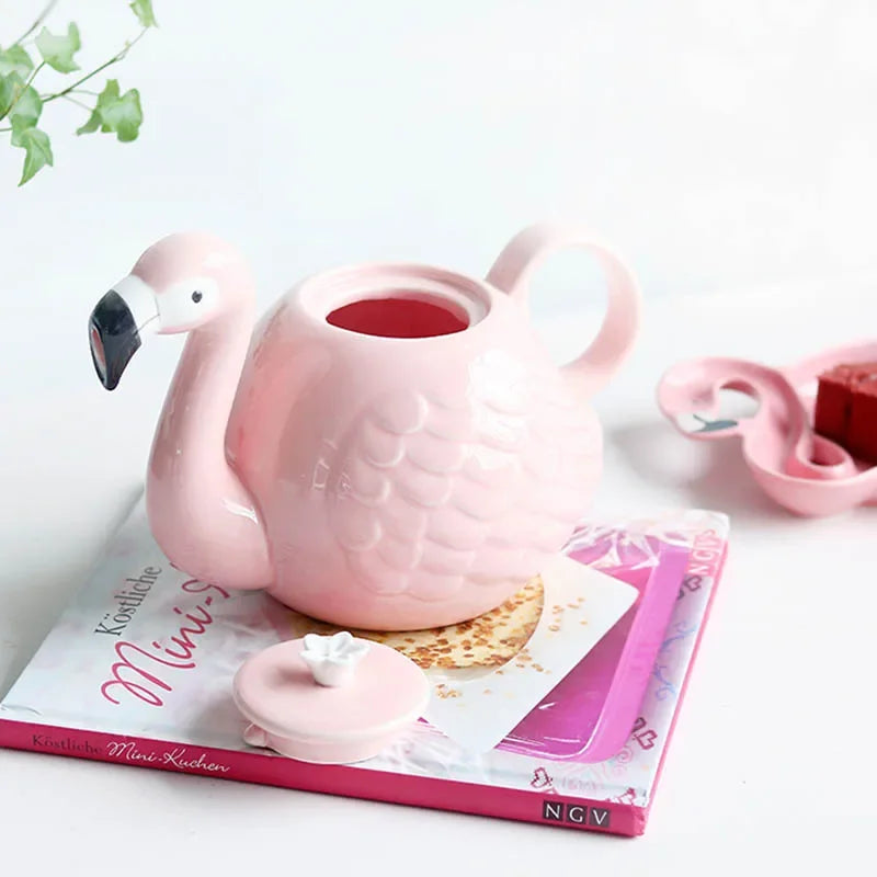 Flamingo Teapot Set Ceramic With Handle Cute Animal Mark Cup Pink Porcelain Tea Pot Teaware Drinking Tools