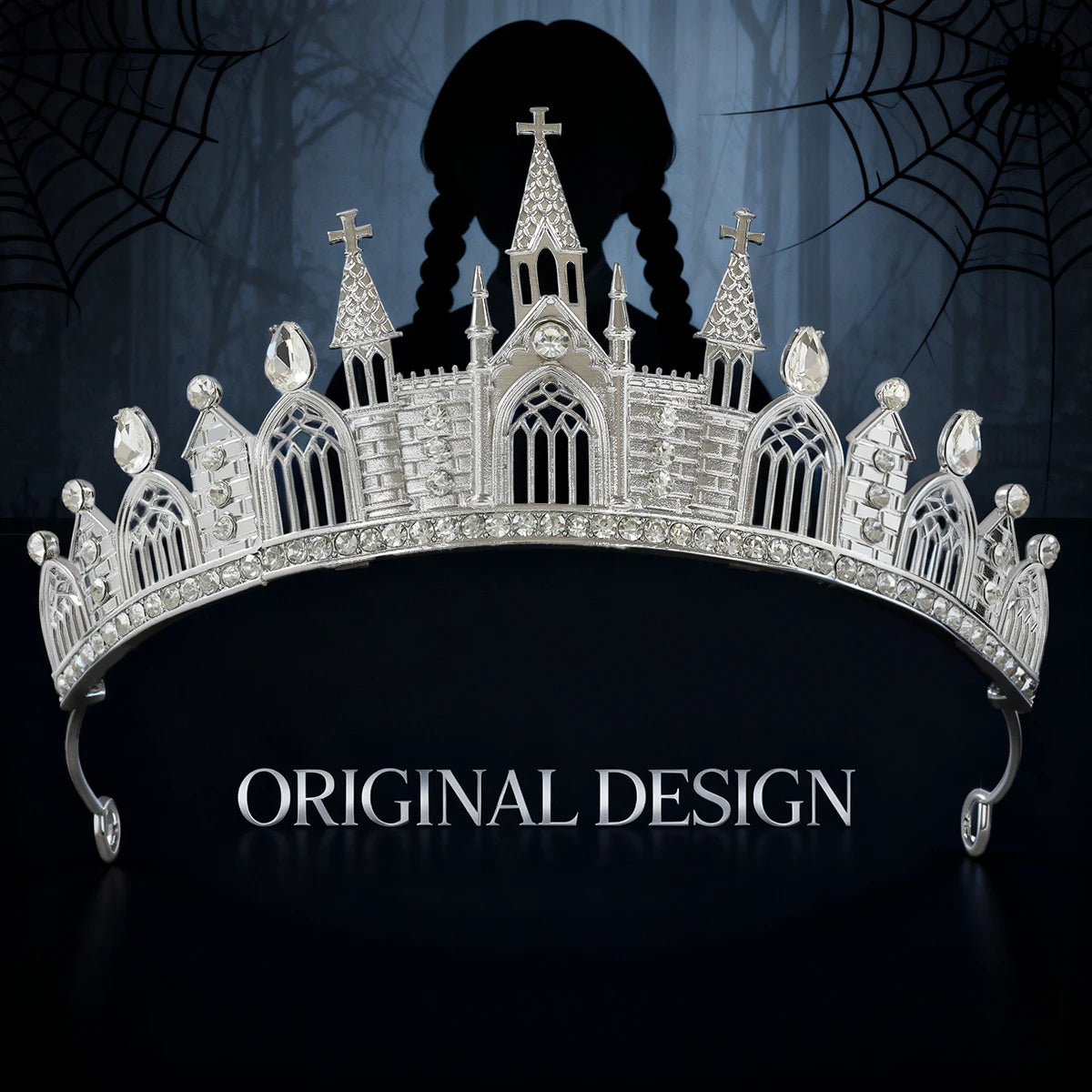 Wednesday's Theme Gothic Niche Vintage Crown - Alloy Crown with Rhinestones - Dark Headpiece Accessory