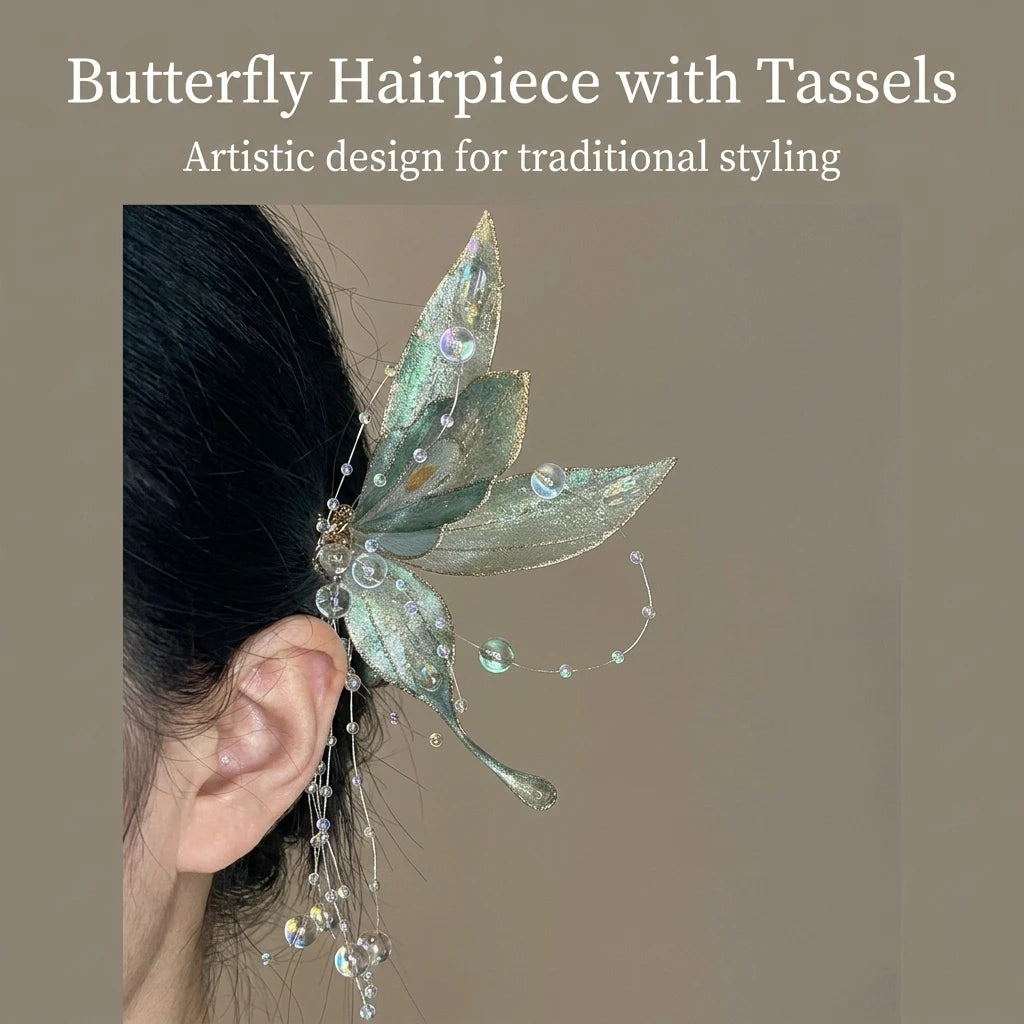 Women Butterfly Tassel Hairpin Alloy Hair Stick New Chinese Style Wedding Colorful Aurora Elegant Hanfu Jewelry Hair Accessory