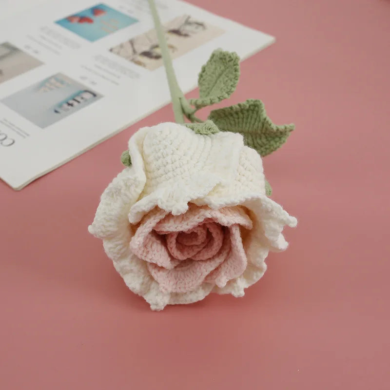 Handmade Crocheted Yarn Rose Home Decor Wool Hand Knitting Carnation Artificial Flowers Beautiful Plant Baby Girls Room Nursery